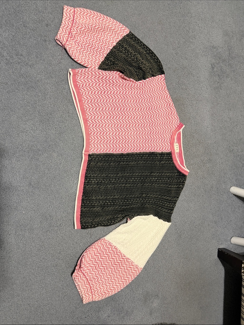 POL Pink, Black & Cream Colorblock Crewneck Sweater Cropped with Balloon Sleves